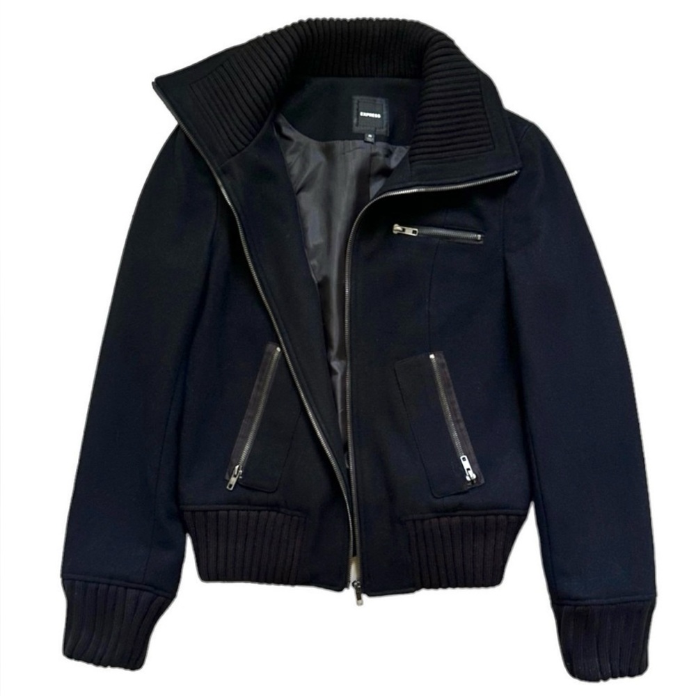 NEW Express Black Wide Collar Wool Blend Bomber Jacket Size Medium - Picture 8 of 11